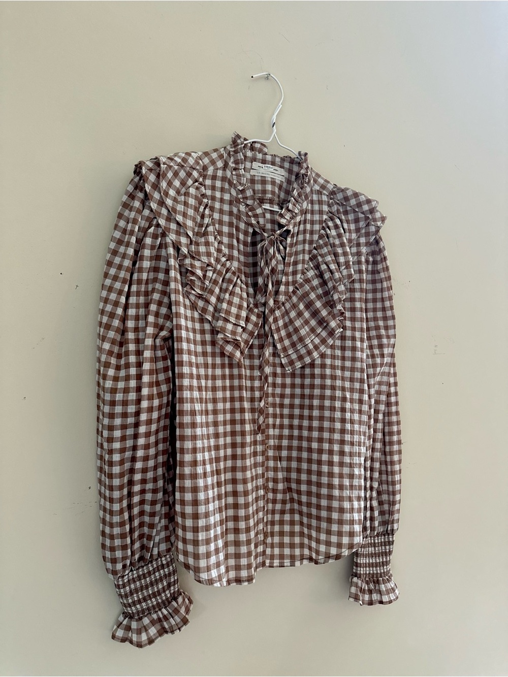 English Factory Brown and White Gingham Ruffle Tie-Neck Blouse Size S Like New